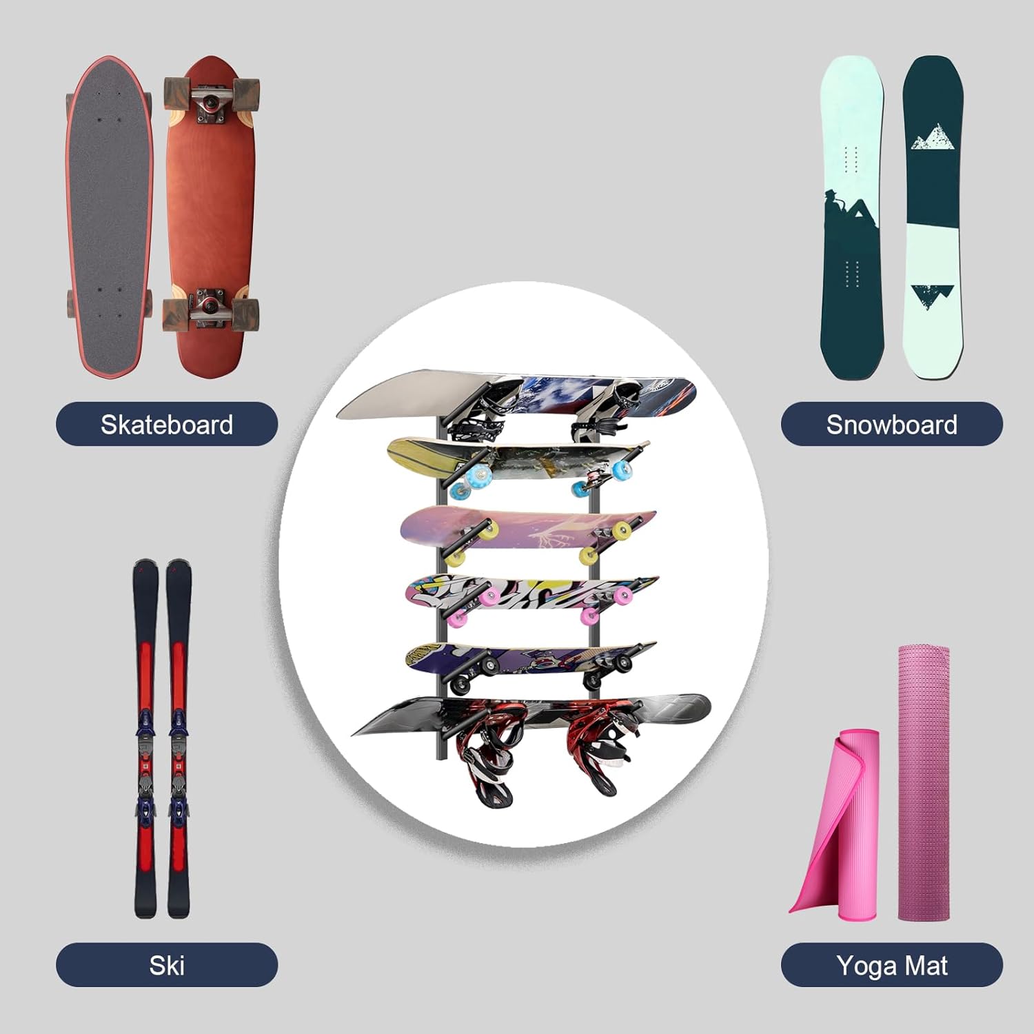 Premium Wall-Mounted Skateboard & Snowboard Rack – 4-Floor Storage Solution for Ski and Skateboard Lovers, Perfect Gift Idea!
